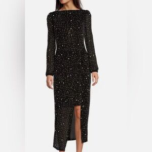 Alex Marie Lanette Boat Neck Long Sleeve Beaded Mesh Dress